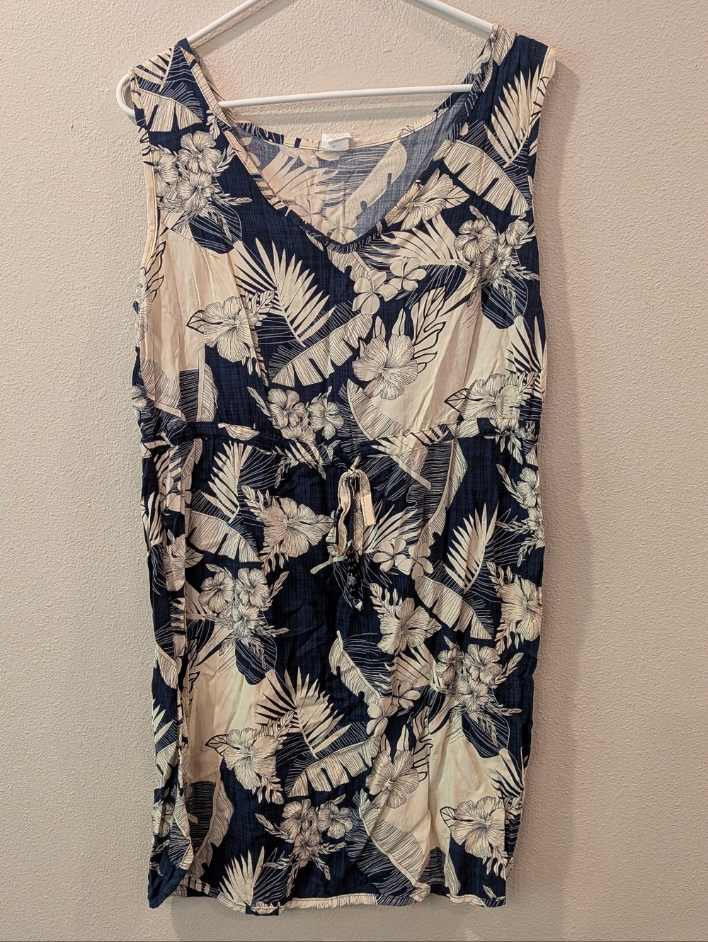 Navy & Cream Tropical Print Sleeveless Dress Women's Large